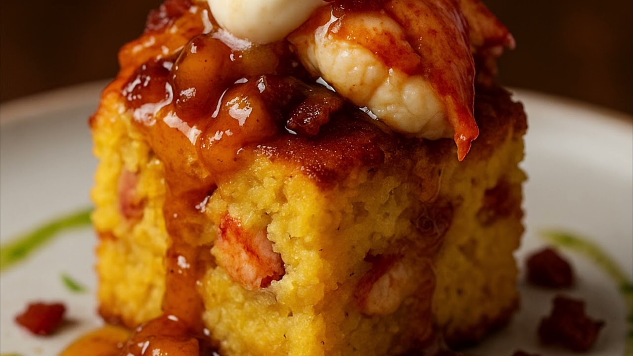 Brian M. Inspired – Lobster Cornbread Pudding with Brown Butter Peach Glaze