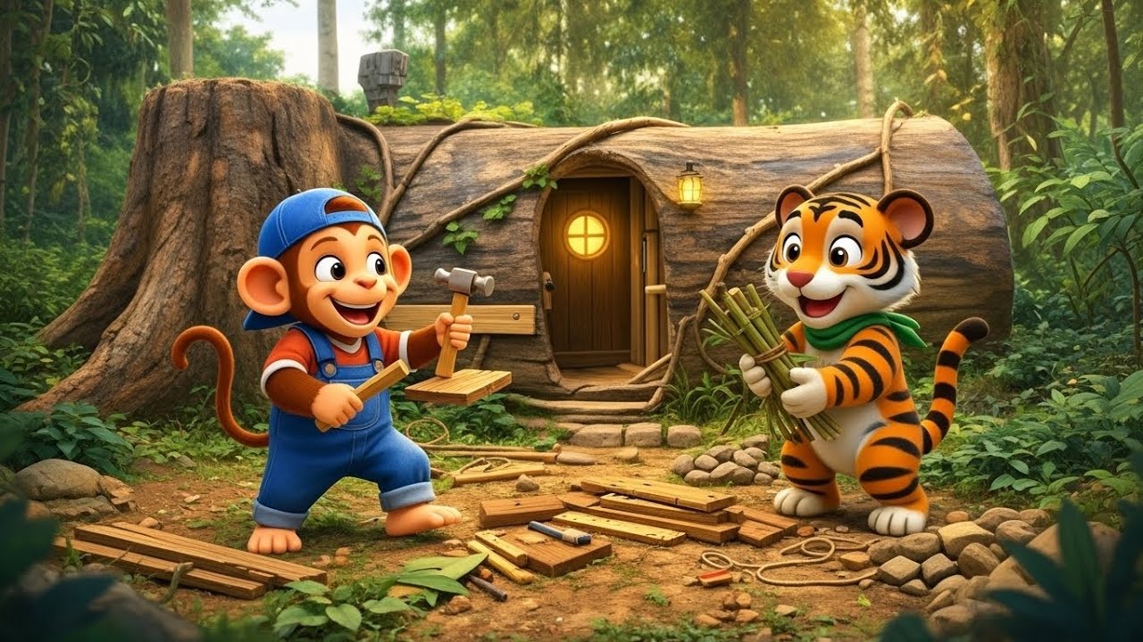 Monkey & Tiger Build a Forest House 🏡🌳 | Kids Cartoon Adventure