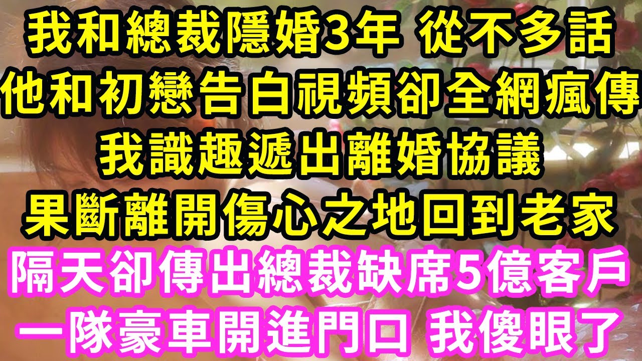 我和總裁隱婚3年 從不多話，他和初戀告白視頻卻全網瘋傳，我識趣遞出離婚協議，果斷離開傷心之地回到老家，隔天卻傳出總裁缺席5億客戶，一隊豪車開進門口 我傻眼了#甜寵#灰姑娘#霸道總裁#愛情#小嫻說故事