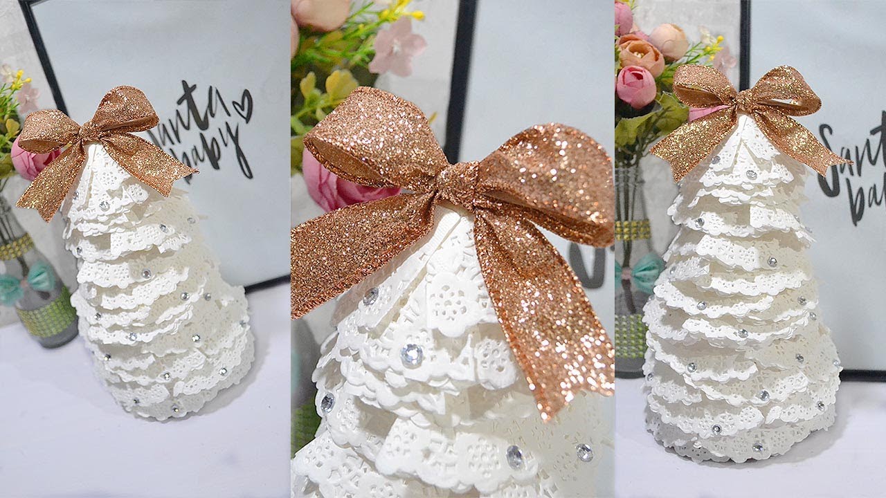 How to make super easy doily table top Christmas tree| Christmas decor 🎄🎀