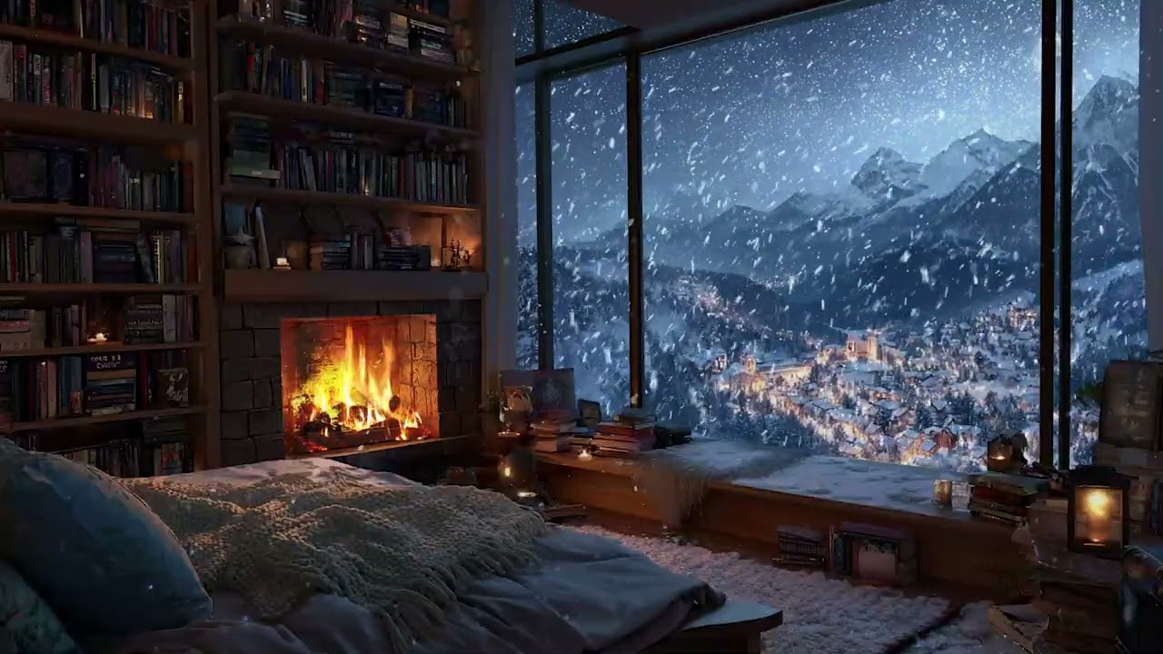 Snowy Night Outside, Firelight Inside | Calm Winter Cabin Ambience for Deep Rest