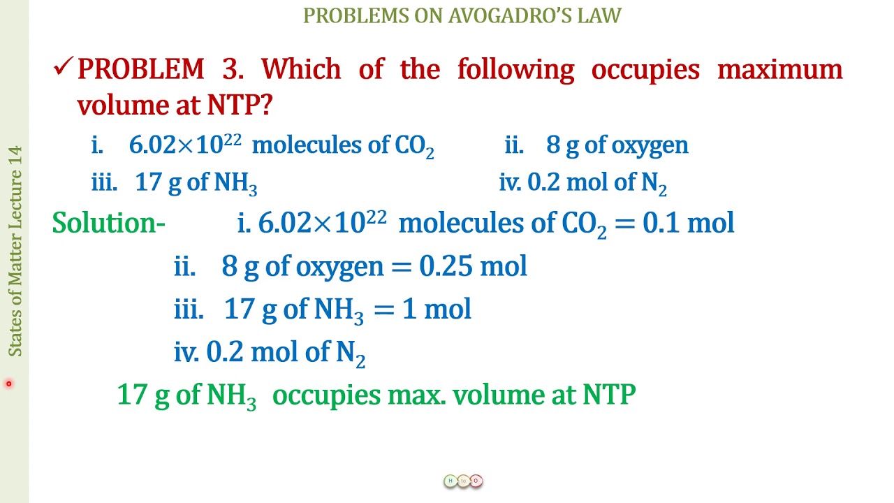 PROBLEMS ON AVOGADRO'S LAW- STATES OF MATTER -14H