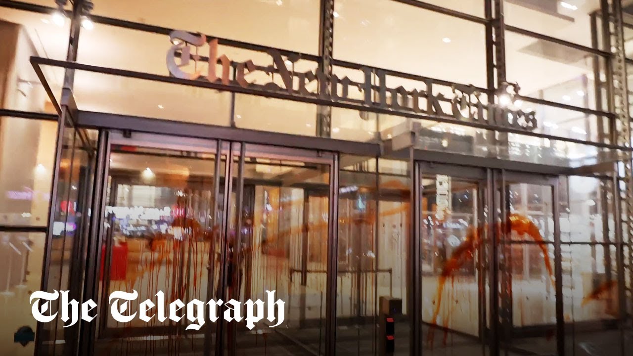 New York Times headquarters smeared with blood as Pro-Palestine protesters rally in Manhattan