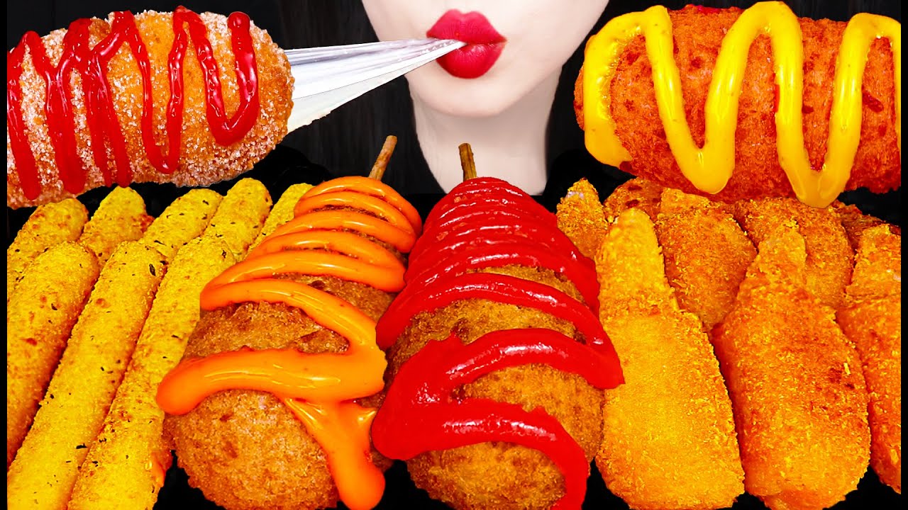 ASMR MOZZARELLA CORN DOG, CHEESE STICK, HOT DOG, FRIED CRAB 크랩 튀김, 치즈스틱, 치즈 핫도그 먹방 MUKBANG, EATING