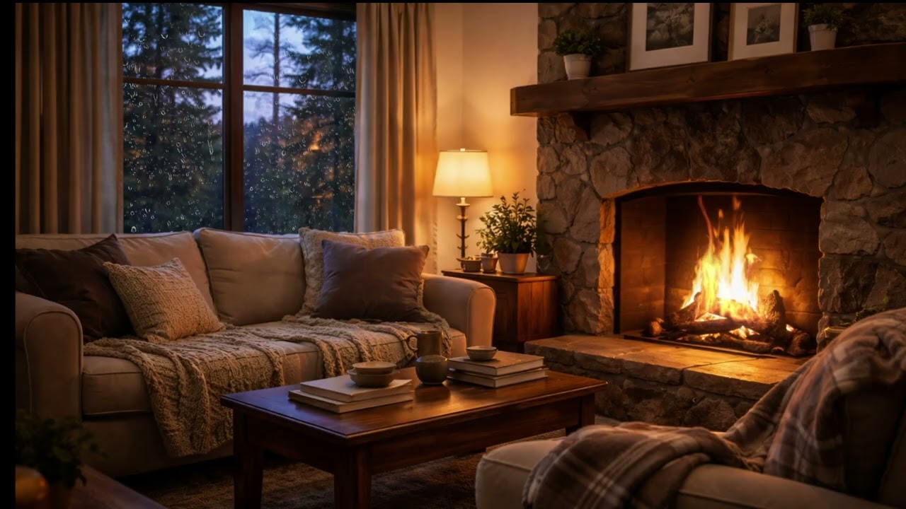 1 Hour Cozy Fireplace & Rain Sounds 🔥 Relaxing Living Room Ambience for Sleep