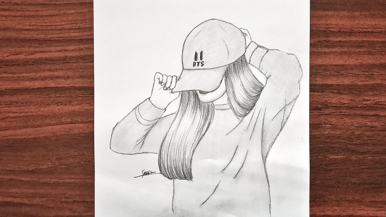 رسم سهل | تعليم رسم بنت بالرصاص من فرقة BTS كاب| طريقة رسم وجه بنت كيوت بي تي اس تعلم الرسم من الصفر