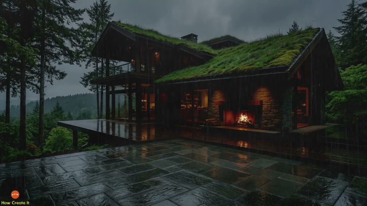 Enchanting Night Rain with Fireplace & Soft Thunder for Mental Clarity in a Serene Forest House Home