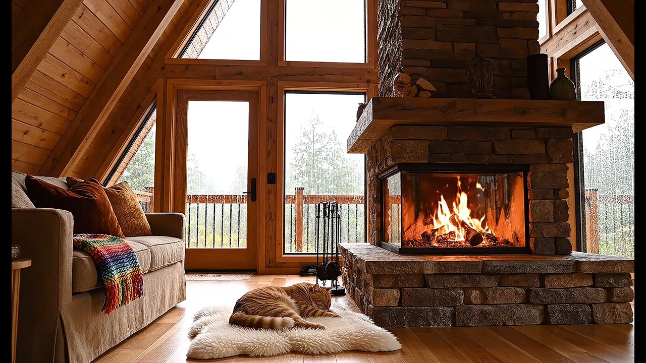 Warm Fireplace, Rain Outside, Sleeping Cat | 10 Hours Cozy Ambience  🌧
