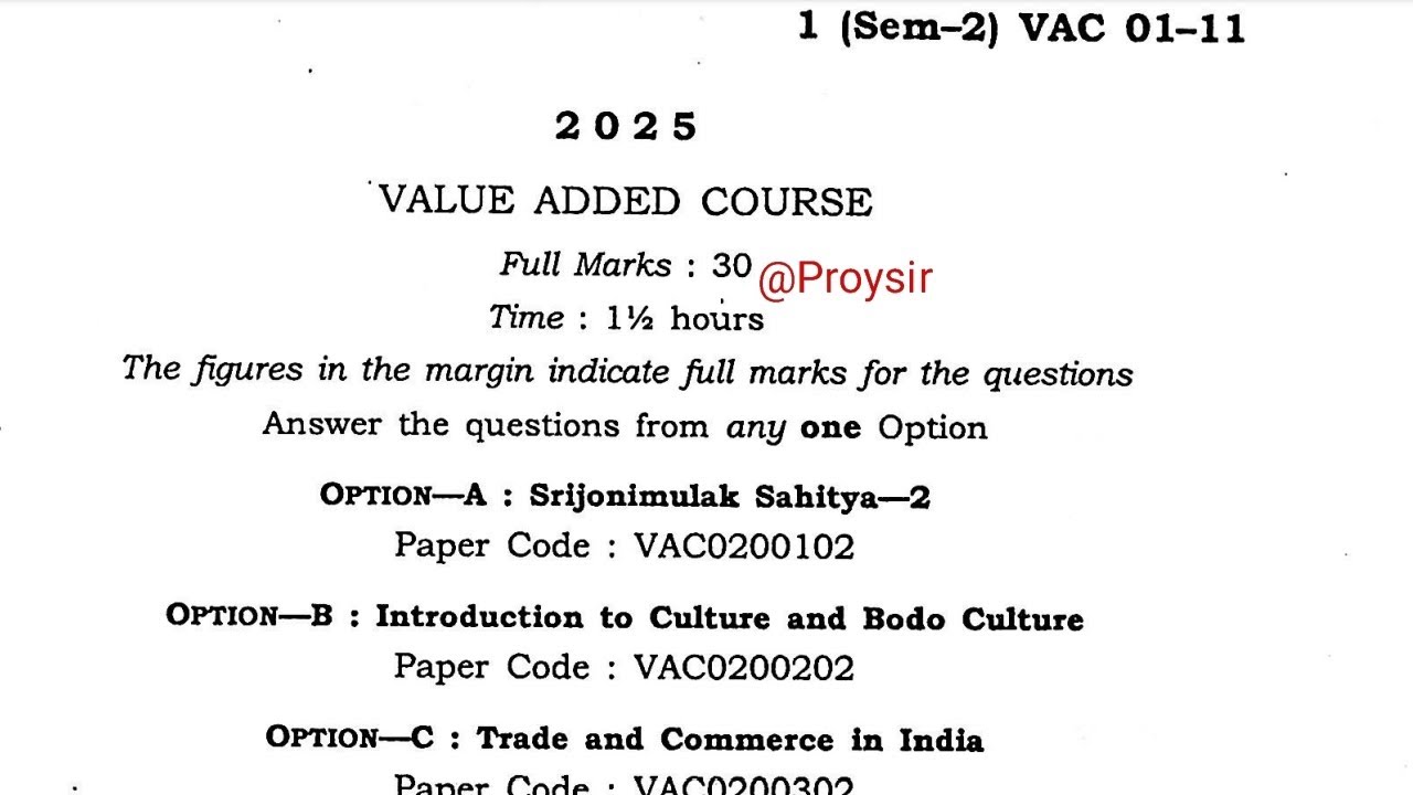 BA BSc BCom second semester VAC value added course question paper Guwahati University VAC0200102 202