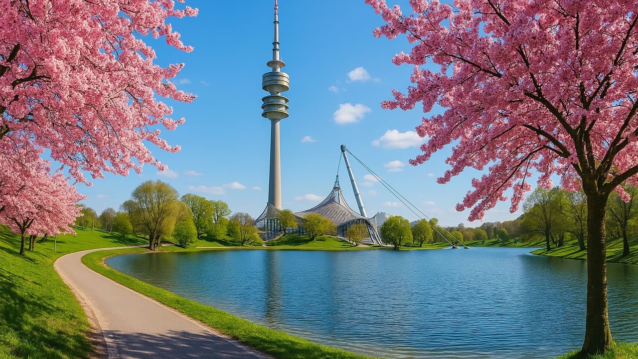 Spring Ride Through Munich’s Olympiapark 🌸🚴| Birds, Hills, BMW Welt & Sakura Trees | 4K