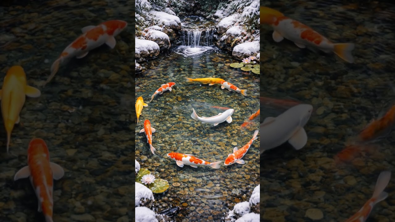 Top-Down View Winter Koi Pond ASMR ❄️🐟 | Calm Waterfall Ripples #shorts