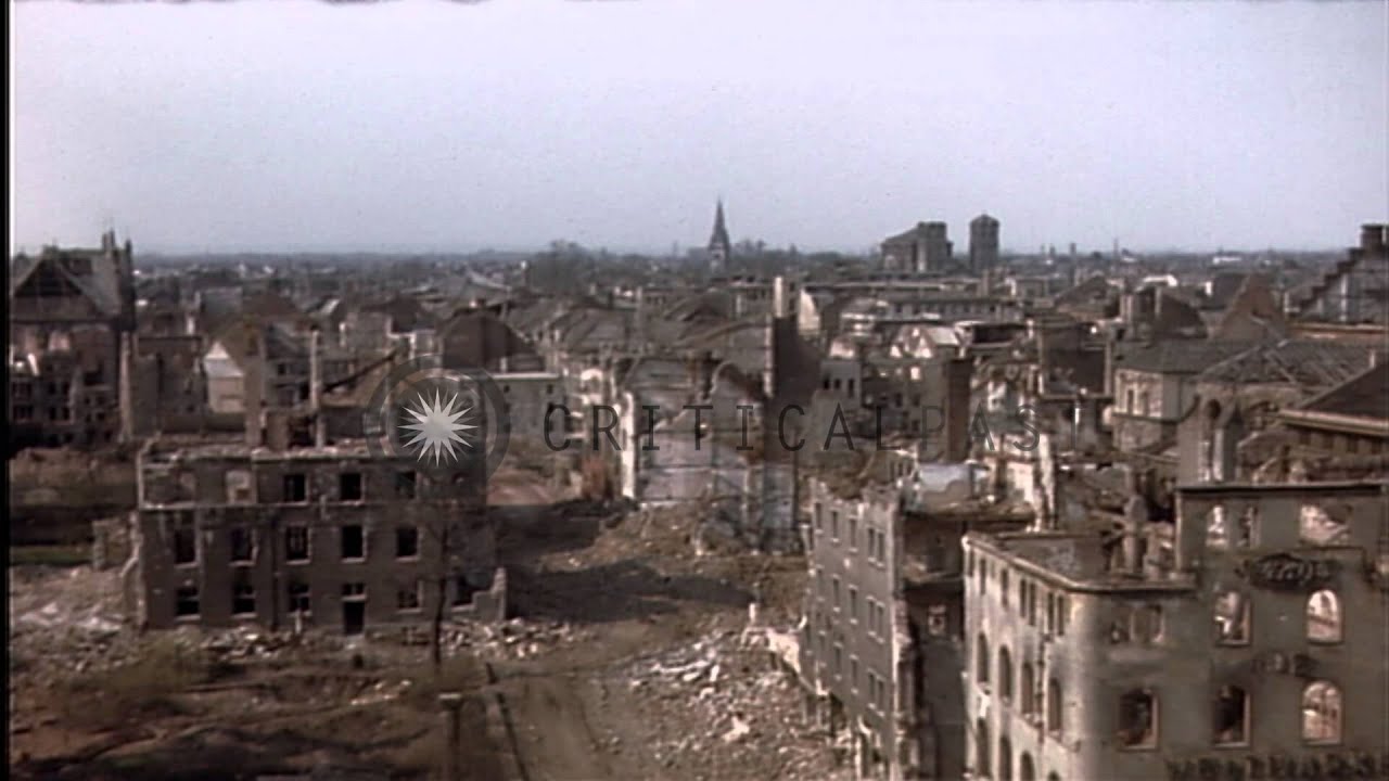 View of bomb damaged buildings and Rhine River in Germany HD Stock Footage
