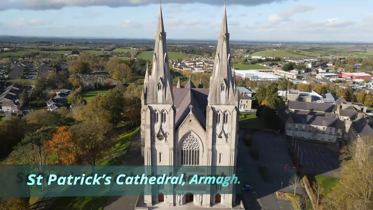St Patrick’s Cathedral, Armagh landscape. DJI Mavic Air 2 Drone,  4K video.