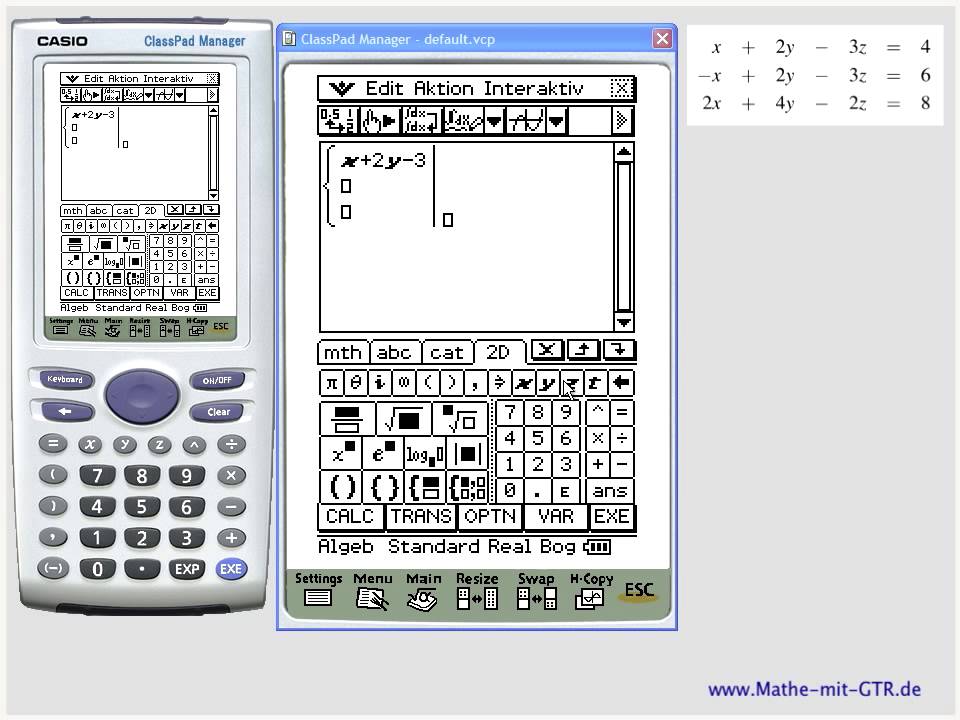 Casio ClassPad lineares Gleichungssystem LGS mit drei Variablen lösen