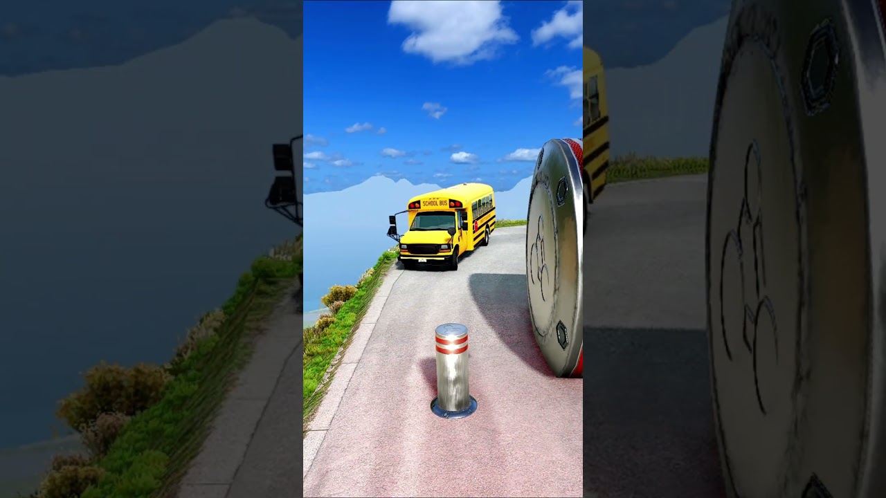 School Bus & Ambulance Van vs Giant Bollards CRASH | BeamNG Drive #beamng #shorts