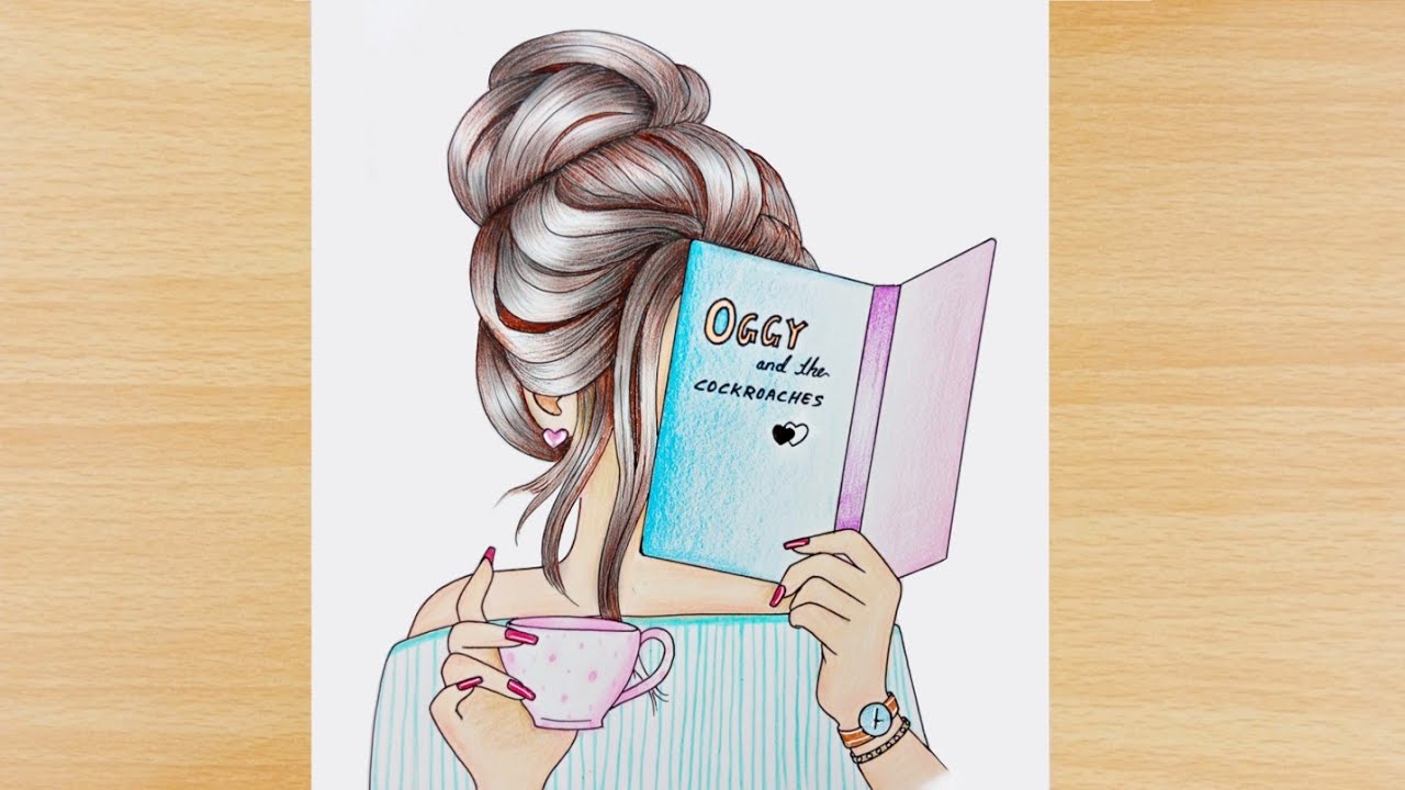 Girl With Book - Easy Step by step | How to draw a girl reading book with coffee