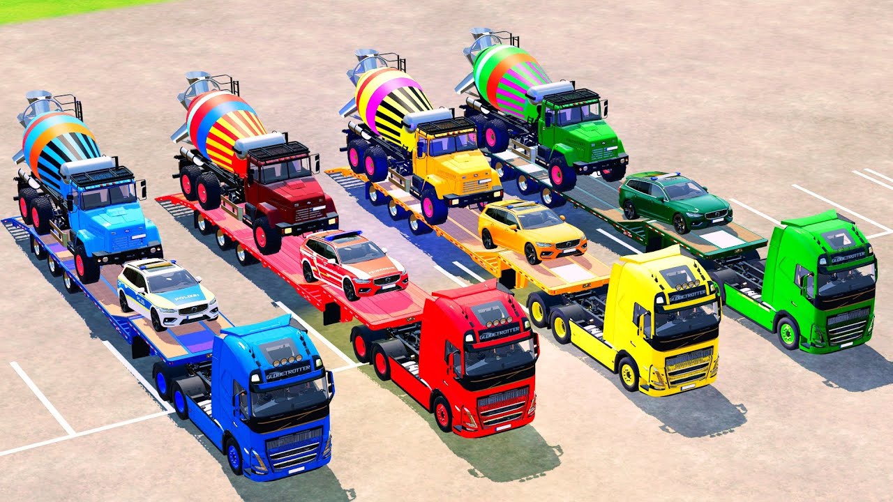 GARAGE WITH COLOR - TRANSPORTING POLICE CAR, MIXER WITH TRUCK TRANSPORTER! FARMING SIMULATOR 22