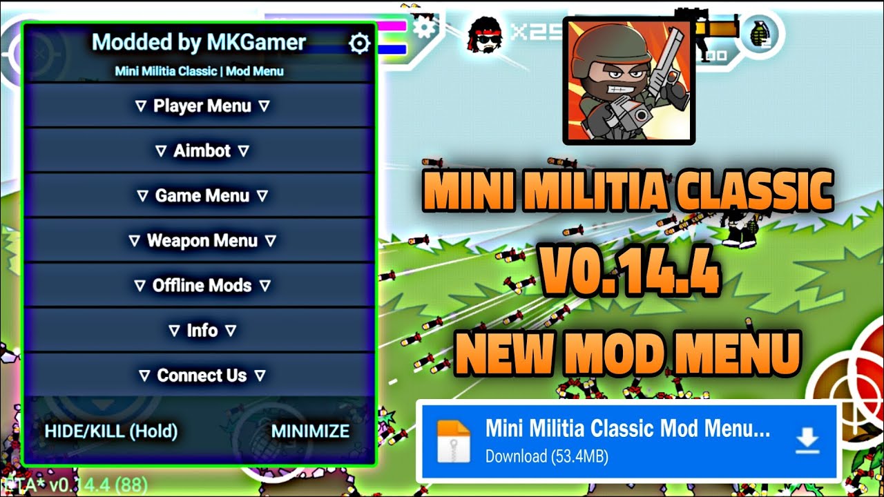 Меню мода Mini Militia Classic V0.14.4 | Aimbot, Teleport, All Guns Death Sprayer и т.д.