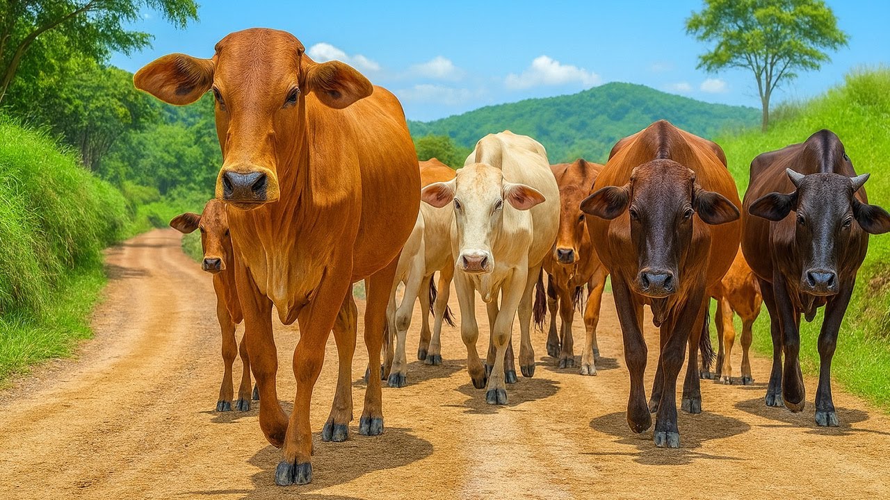 Aktivitas Sapi lembu Berlari Beramai-ramai Di Jalan, Suara Sapi Moo, Sapi Lucu Berkerumunan di Jalan