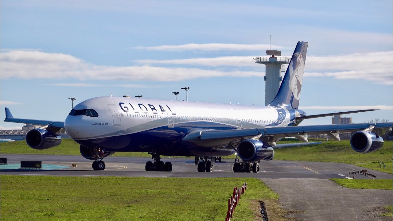 A340-300 Global Airlines Livery Takeoff from Lisbon Airport operated by HIFLY