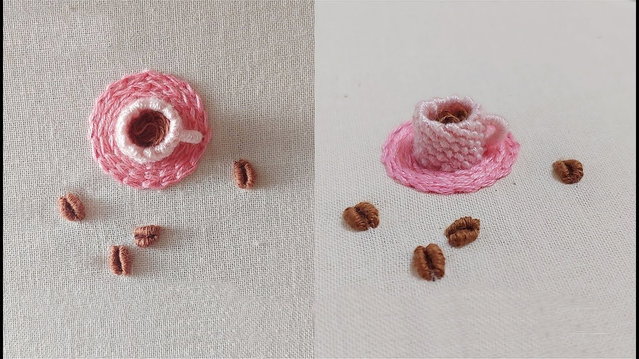 [프랑스 자수] 입체자수 커피잔과 원두(Raised Cup Stitch) / Coffee Cup  Hand embroidery