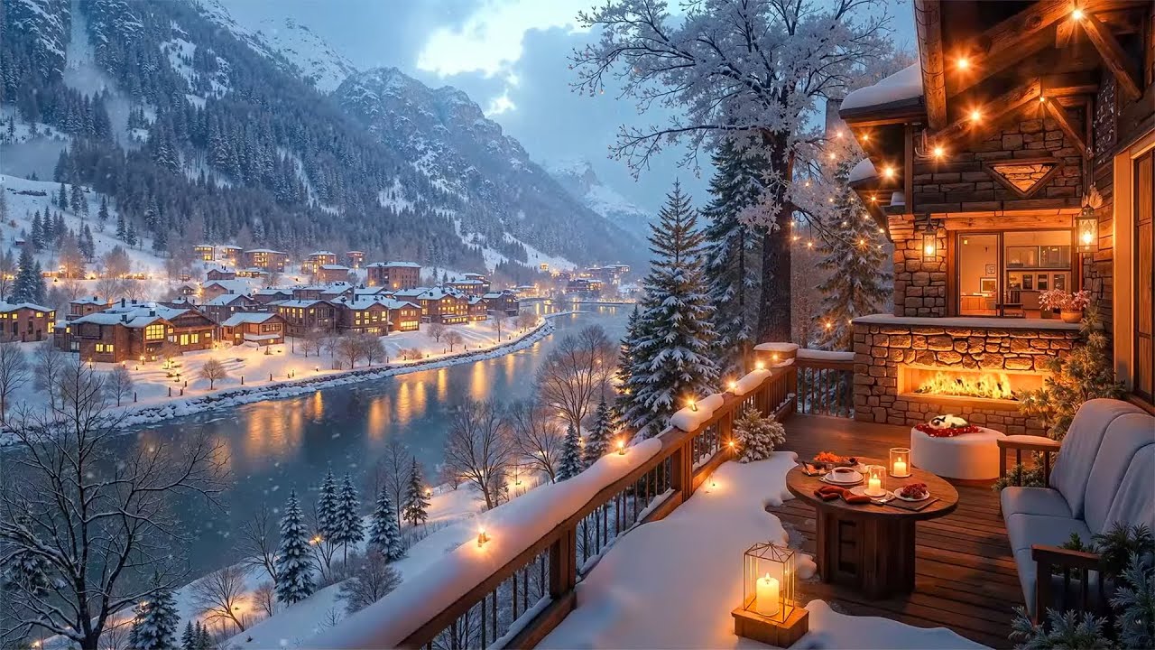 Cozy Winter Terrace ❄️ Relaxing Smooth Jazz, Snowfall & Fireplace Glow for a Magical Holiday Night