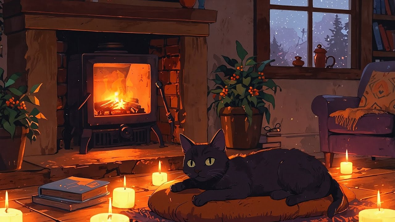 Fireplace & Black Cat LoFi 🕯️ | Calm Autumn Ambience for Relaxing