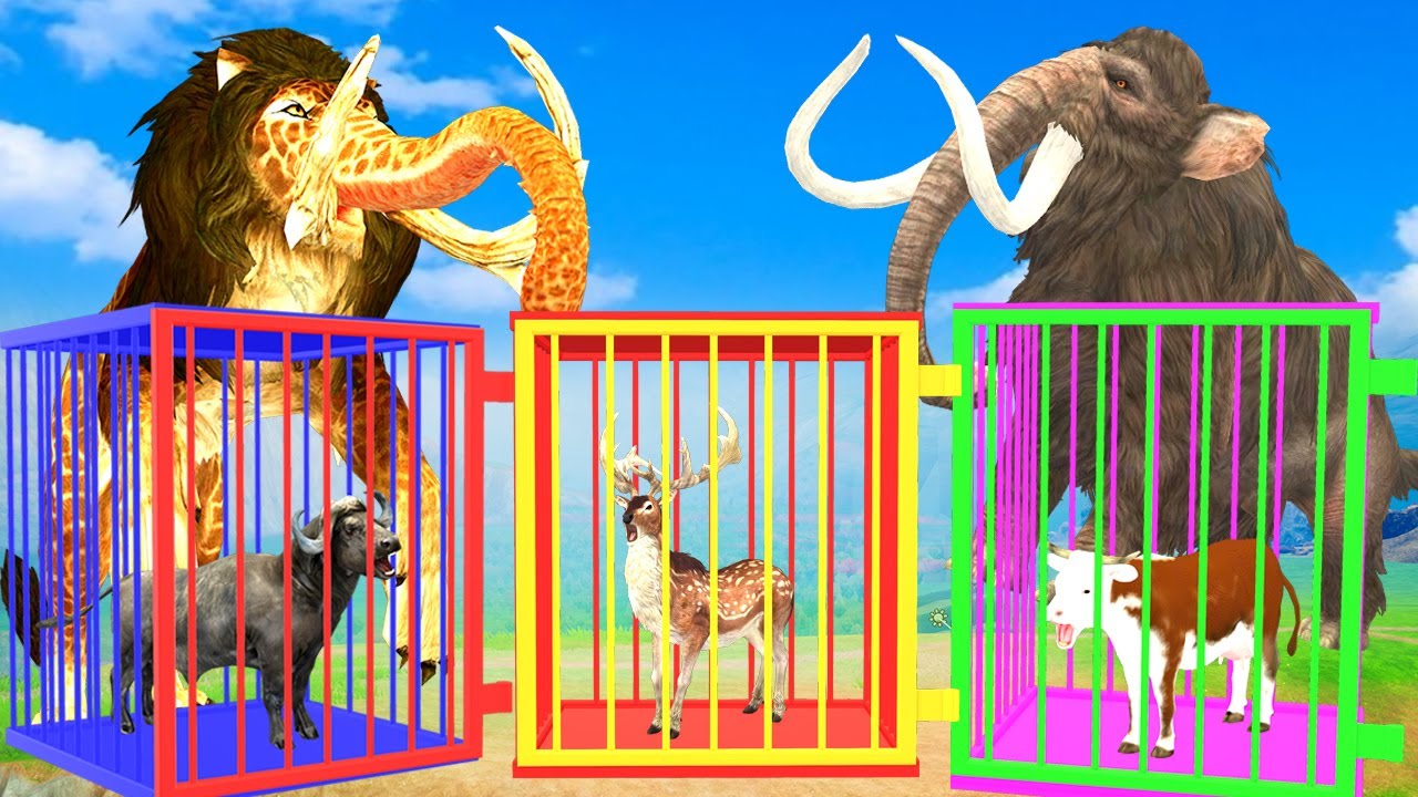 Monster Lion Mammoth vs Giant Buffalo, Cow Cartoon, Elephant Saved By Woolly Mammoth Animal Fights