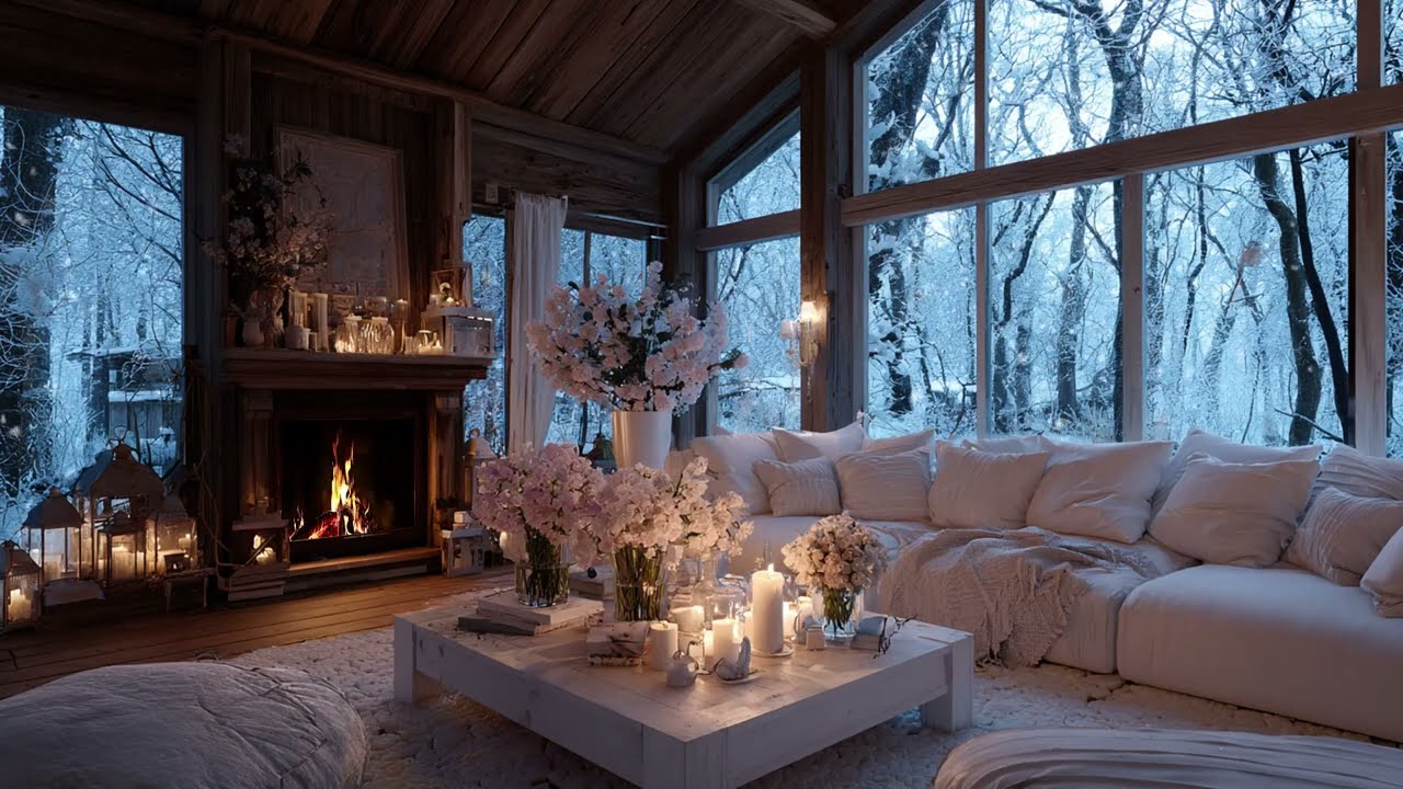 Concentration Piano Music: Warm Fireplace and Snowy Forest Cabin for Productive Study