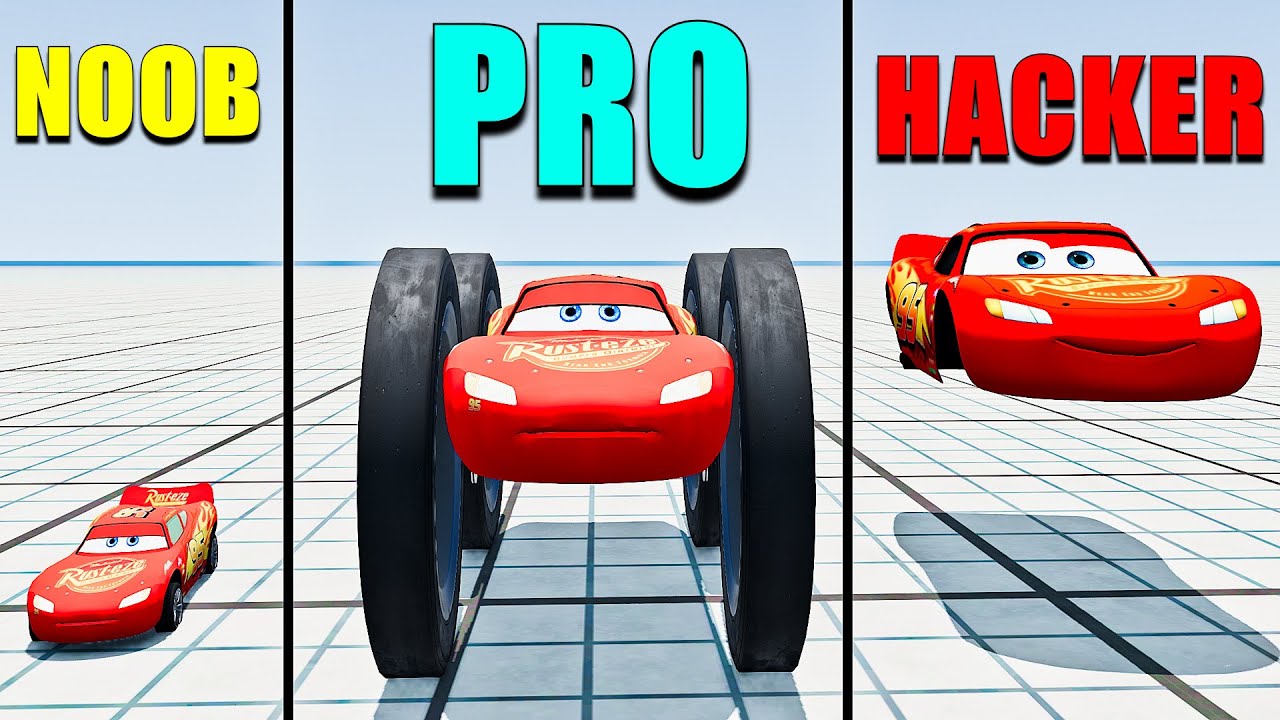 Lightning Mcqueen Noob VS Pro VS Hacker - which is best?? Lightning Mcqueen Experiments BeamNG drive