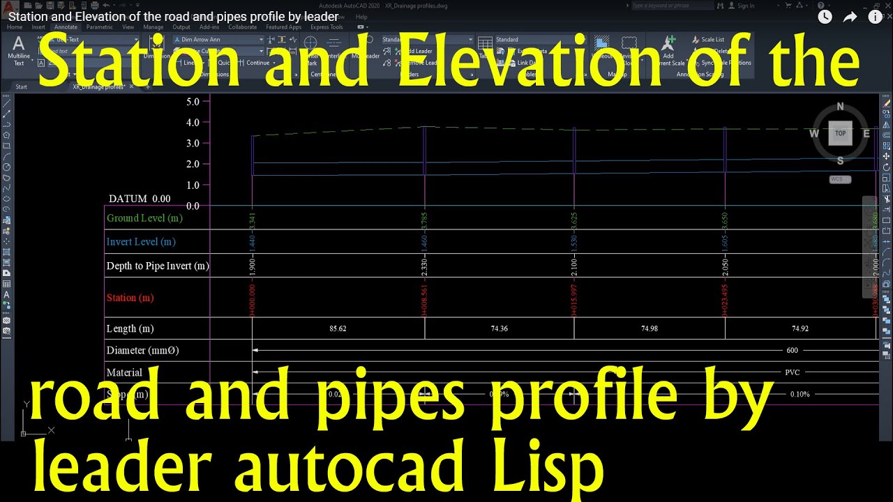 Station and Elevation of the road and pipes profile by leader autocad Lisp