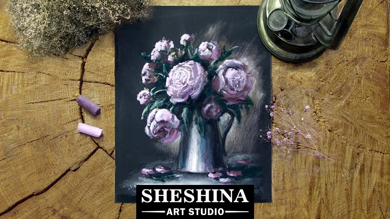 How to draw peonies in a metal jug with soft pastels 🎨 Flowers