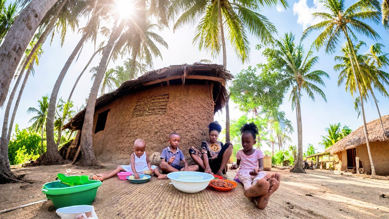 African Village Life#cooking Organic Beans & Vegetables Served With Corn Starch For Dinner