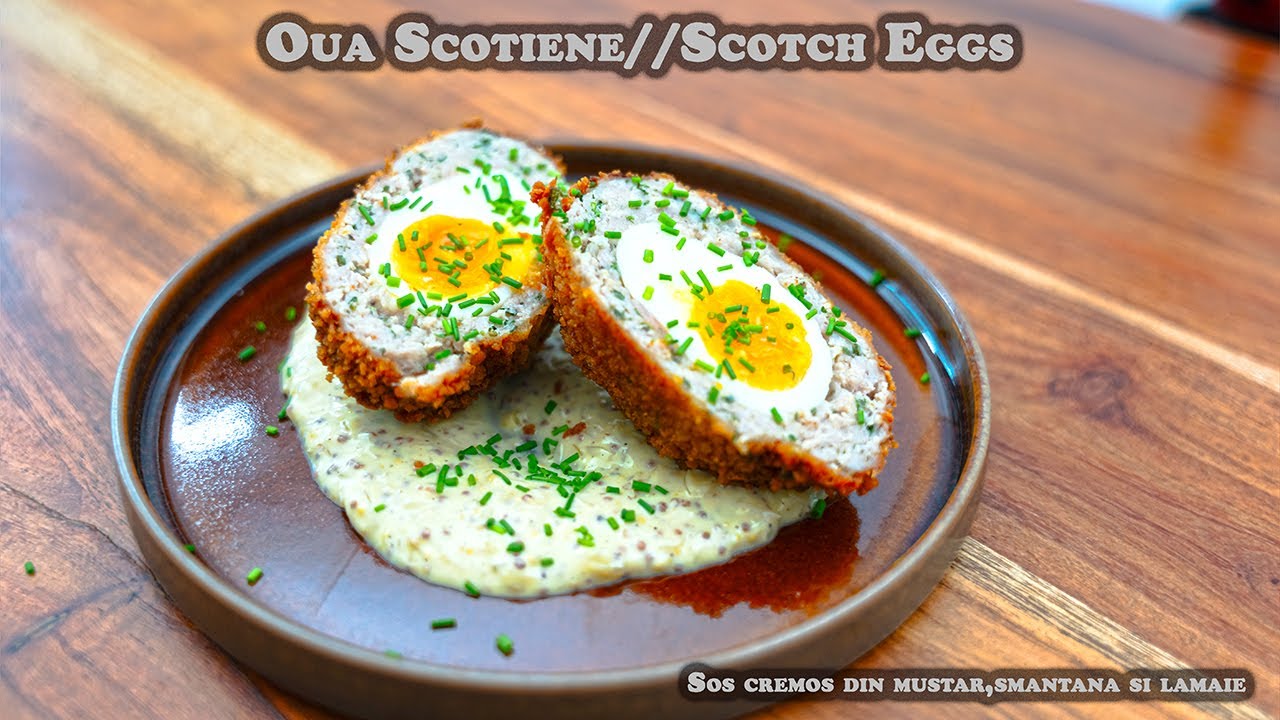 Reteta-Oua Scotiene/Scotch Eggs/ Oua invelite in carne tocata si prajite in ulei cu sos de mustar