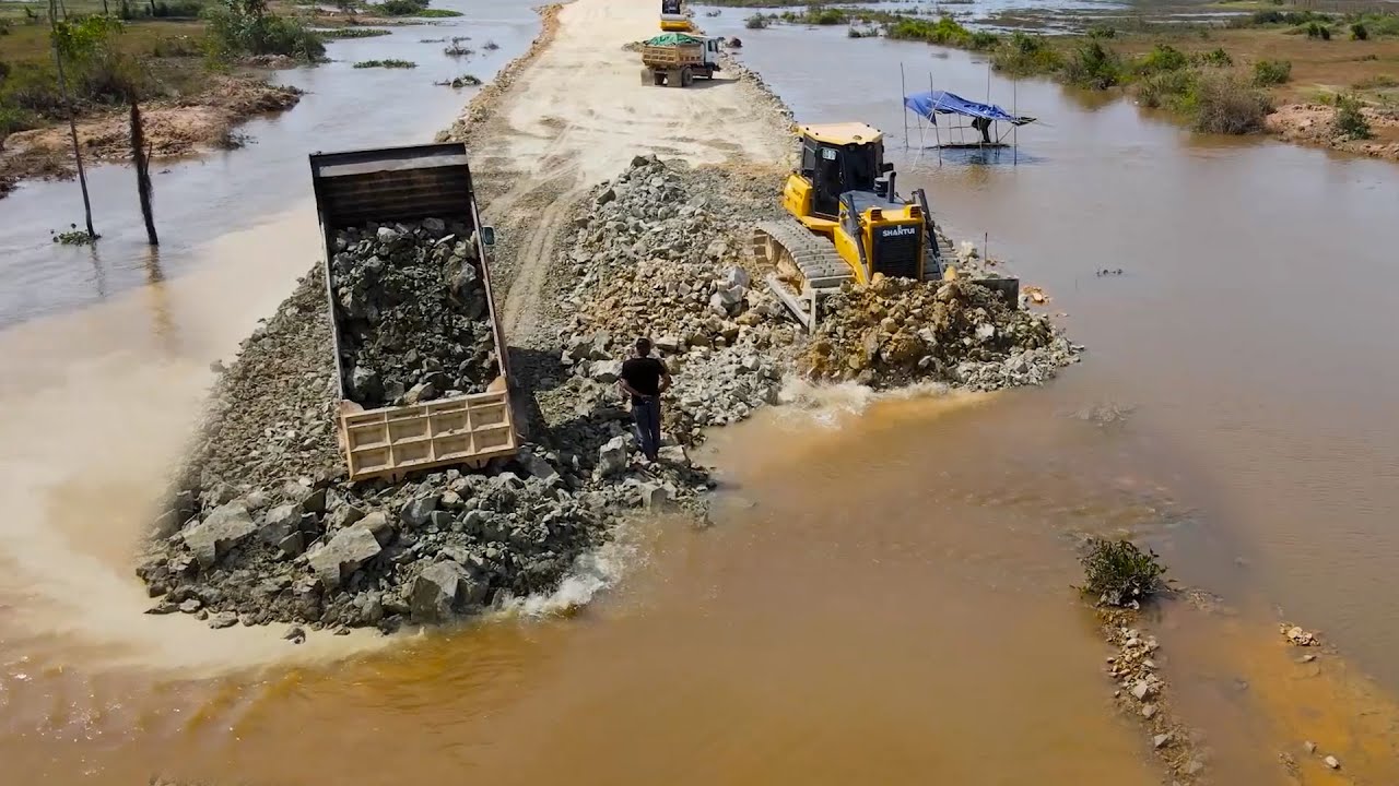 Fantastic New Project! Road Highway Constructed Using Skill Bulldozer Push Stone Crossing the Flood