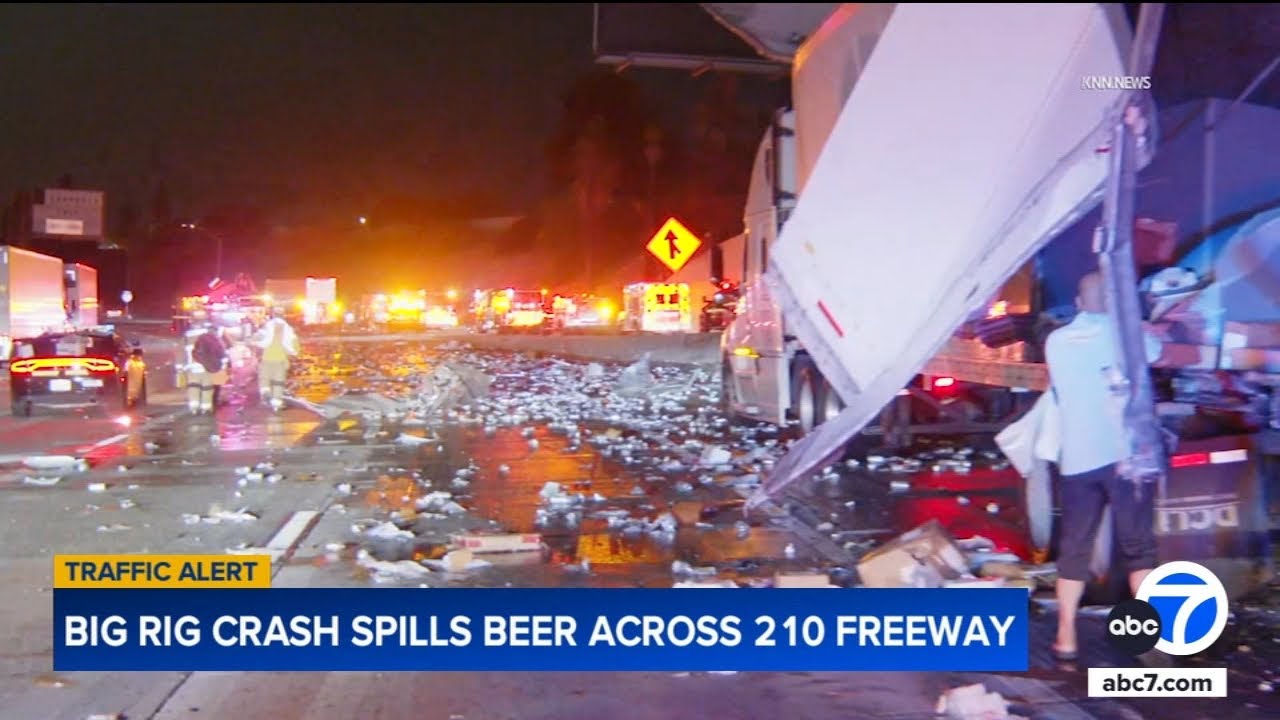 Big rig crash spills cans of beer, kegs across freeway