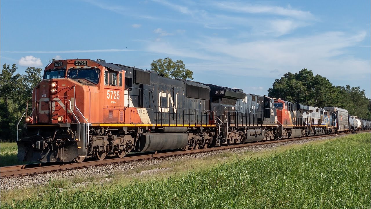 CN M301 North through Fluker, LA, with CN 3008 &ldquo;Illinois Central,&rdquo; CN 2779, and GTW 5830