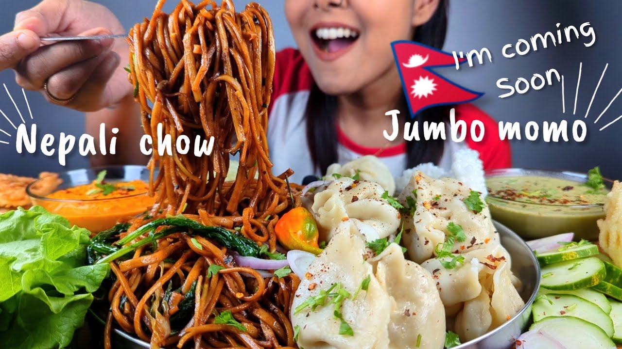 EATING NEPALI STYLE NOODLES WITH BIG SIZE MOMO, TOMATO & PUDINA CHUTNEY | BIG BITES MUKBANG VIDEOS