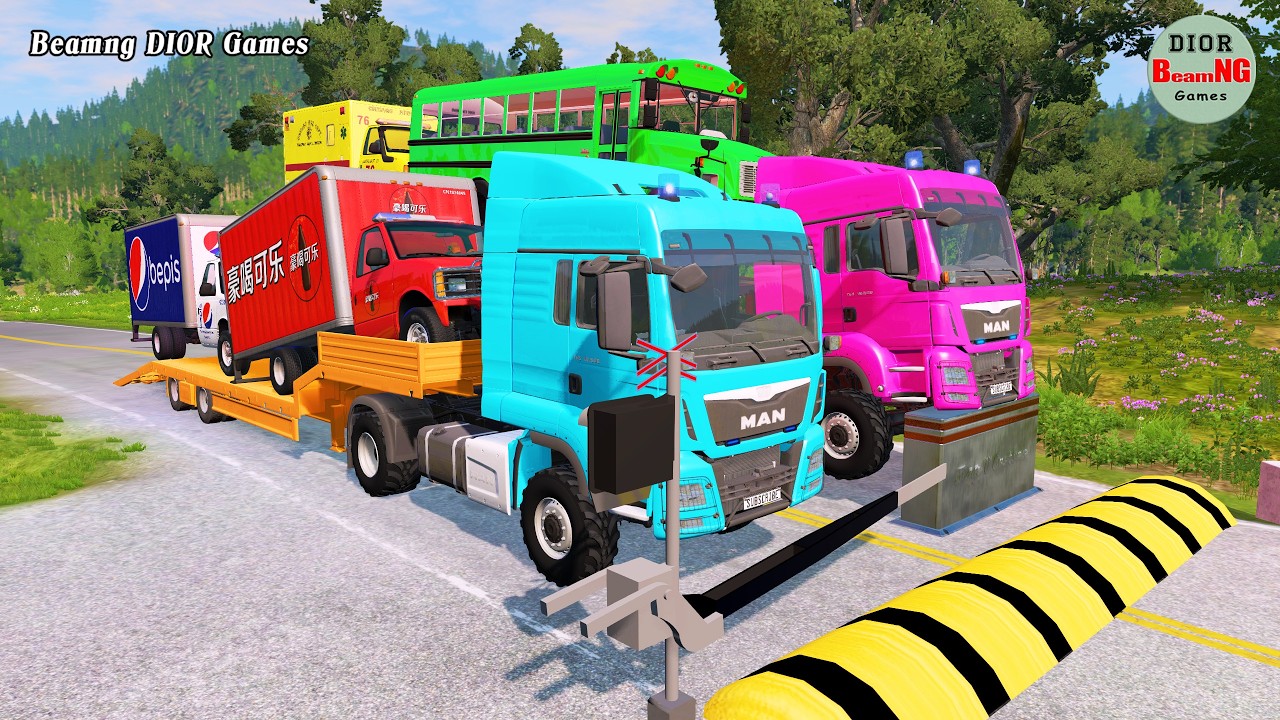 Double Flatbed Trailer Truck vs speed bumps|Busses vs speed bumps|Beamng Drive|1326