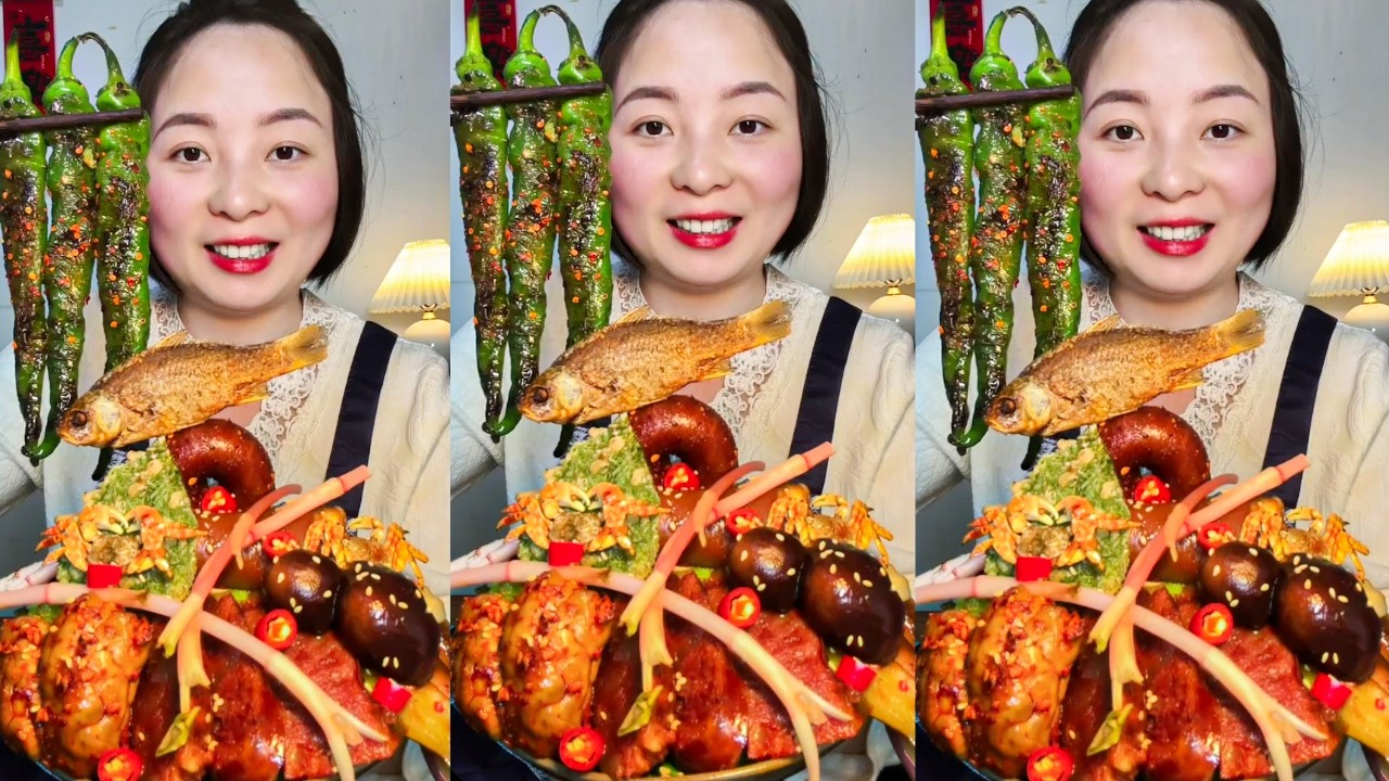Satisfying Eating Show She Enjoys Spicy Braised Pork Ribs Rural Food Style