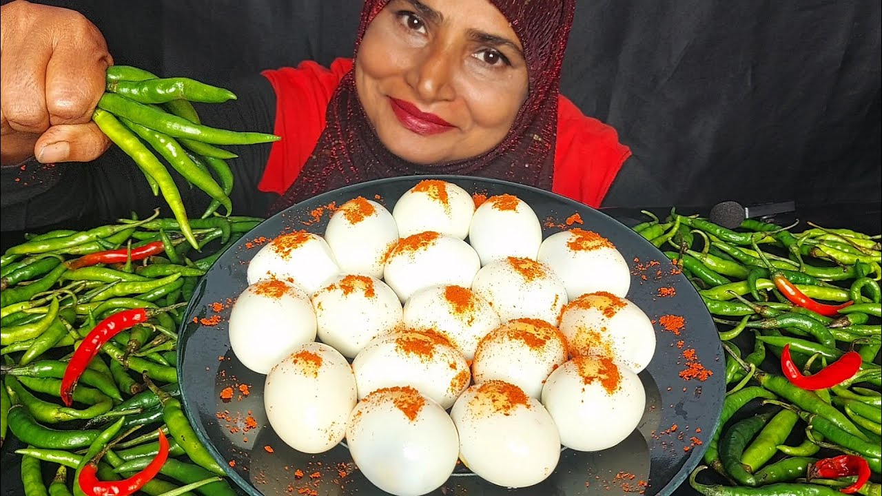 EATING LOTS OF BOILED EGGS WITH CHILLIES, EATING ASMR, MUKBANG.
