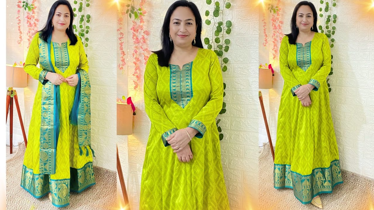 Without joint Anarkali cutting and stitching From saree| Saree Reuse Idea| 14 Kali Anarkali cutting|