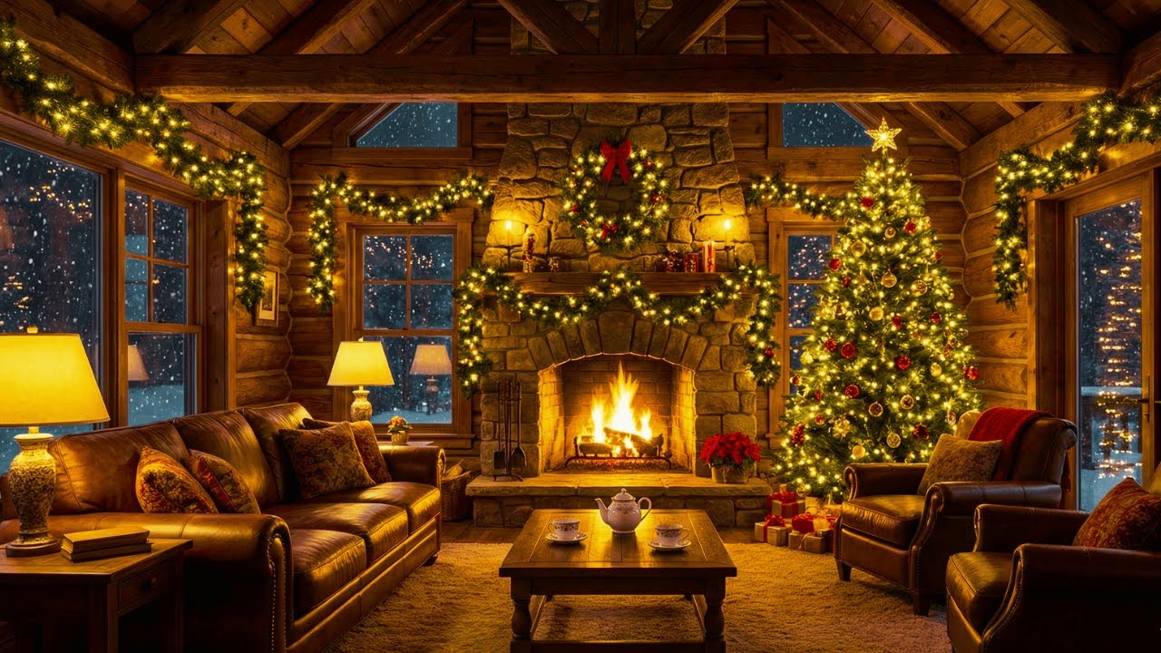 Christmas Music for Relaxation 🎄 Warm Fireplace & Calm Snowy Winter Ambience