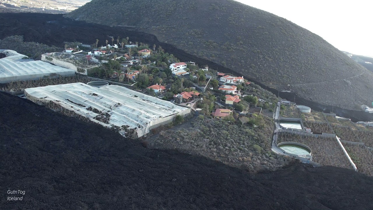 Lava flows between La Laguna and Todoque mountains. Drone 4K. 60 fps. 02.12.21