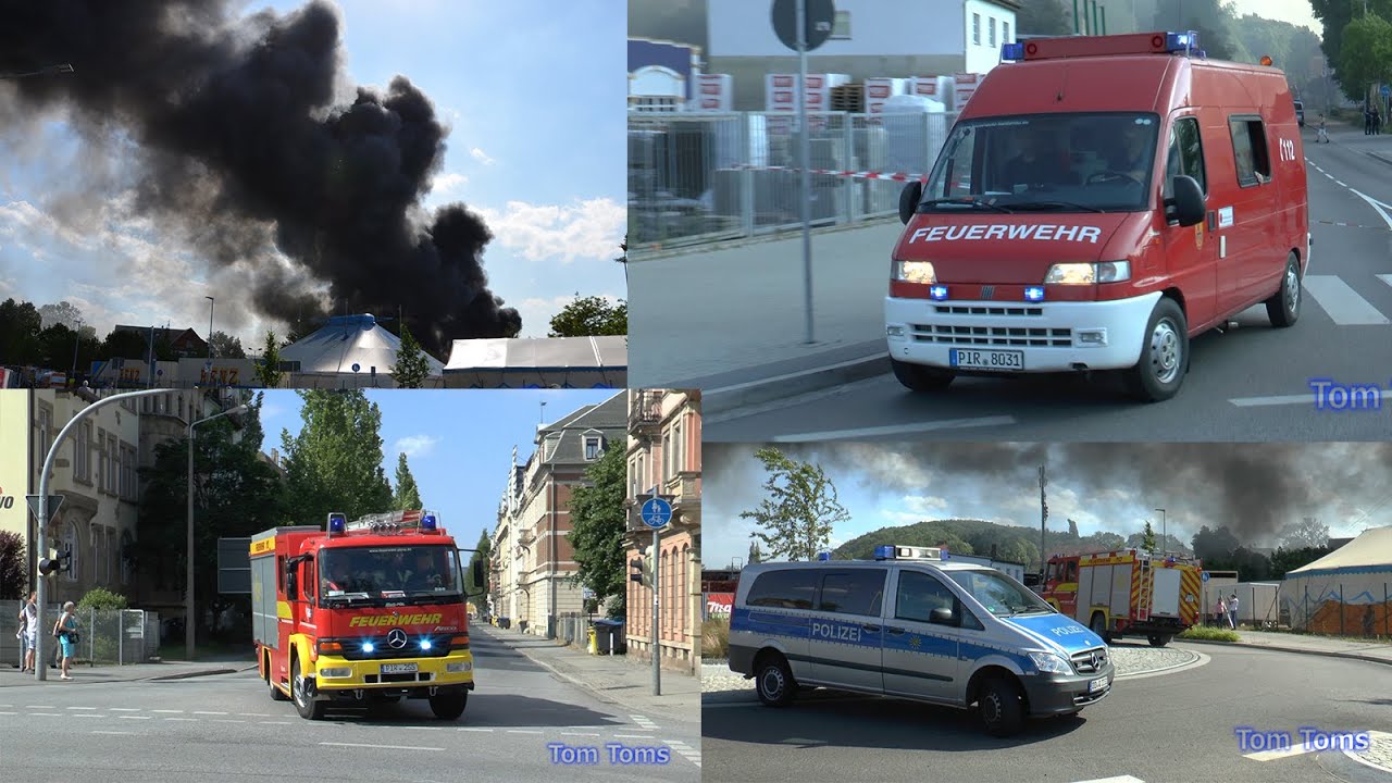 Lagerhalle in Vollbrand - Großbrand ELG Pirna 3.6.15 / Anfahrten Feuerwehr, Rettungsdienst & Polizei