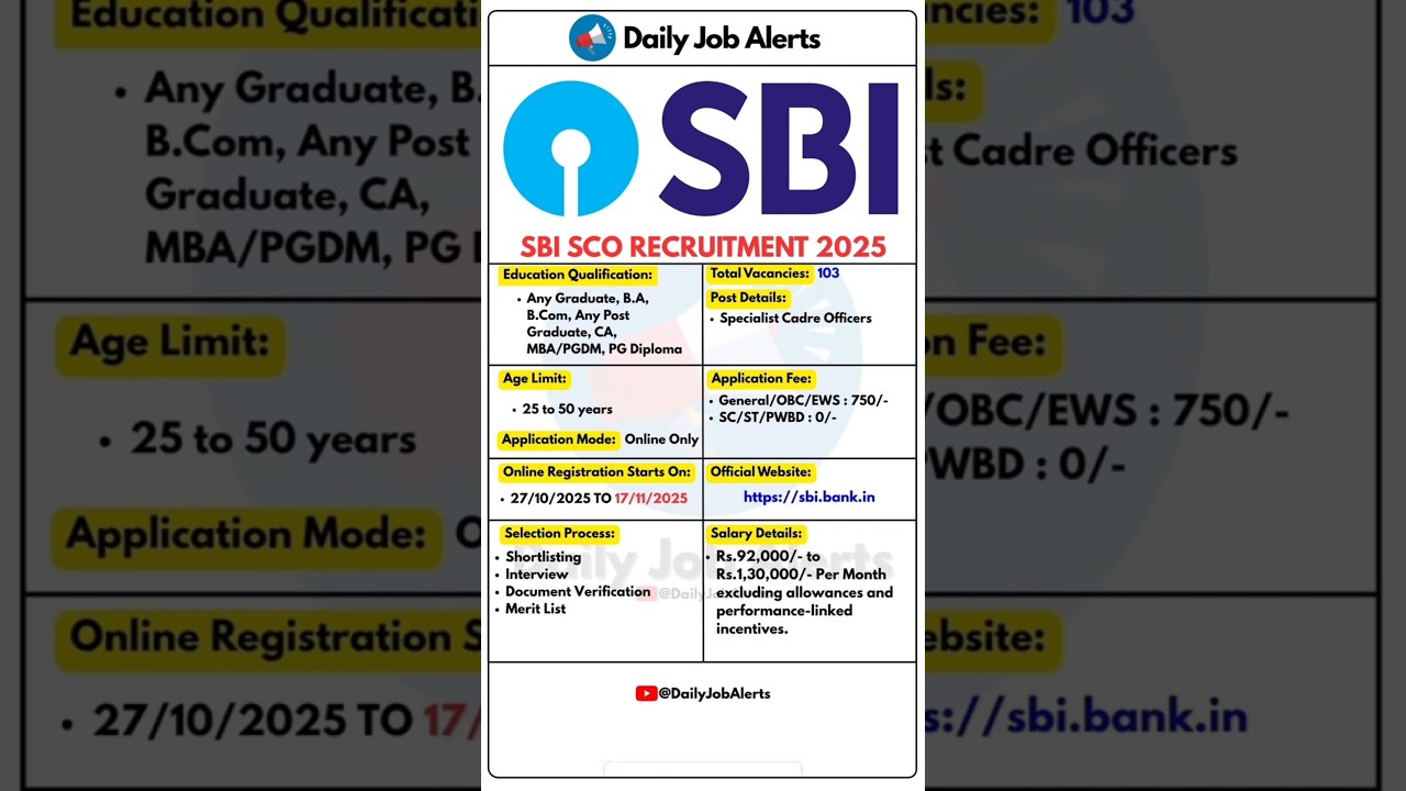 SBI SCO Recruitment 2025 | New Vacancy 2025 | Daily Job Alerts #shorts