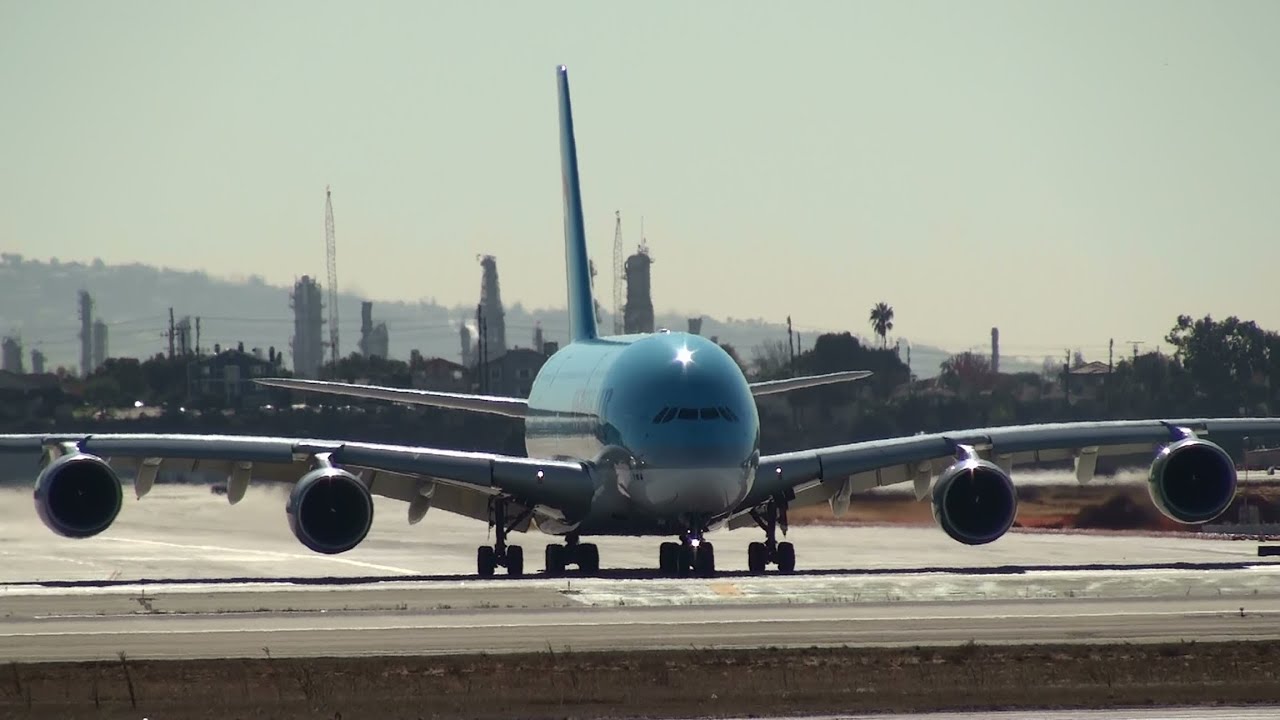 Korean Air Airbus A380 Takeoff at Los Angeles Airport (full HD)