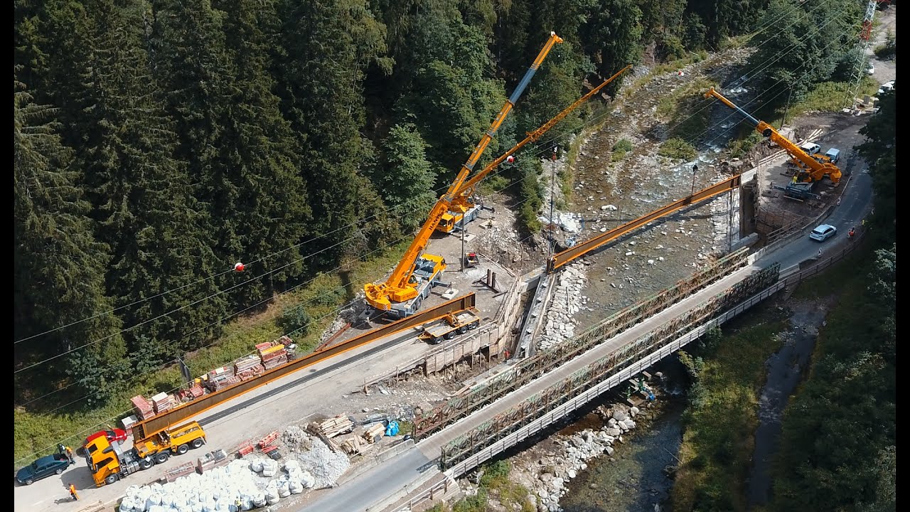 Hanyš  montáž nosníků mostu - nadměrný náklad & jeřáb/heavy transport & crane/Schwertransport & Kran