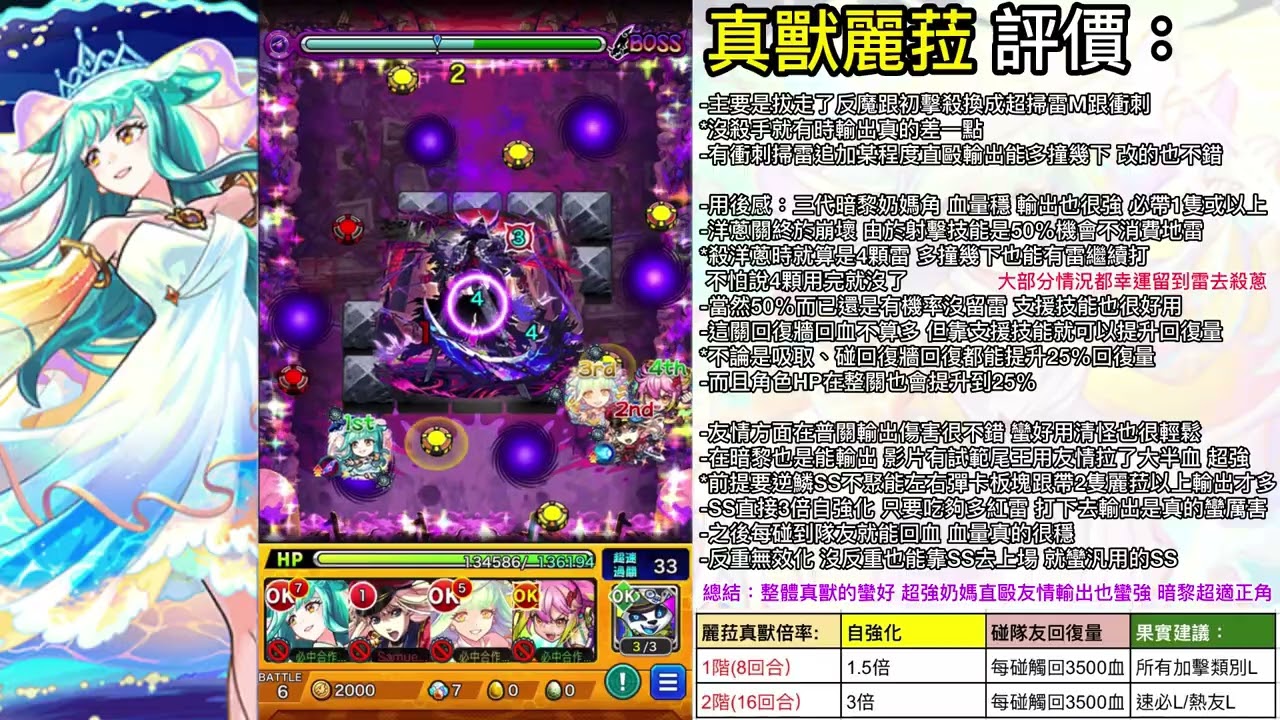 【真獸神化麗菈】超強奶媽 暗黎超安定隊伍實測評價50%不使用地雷打洋蔥！？【怪物彈珠】