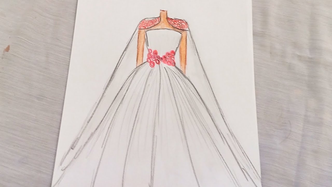 رسم فستان مزين بلورد الاحمر 
